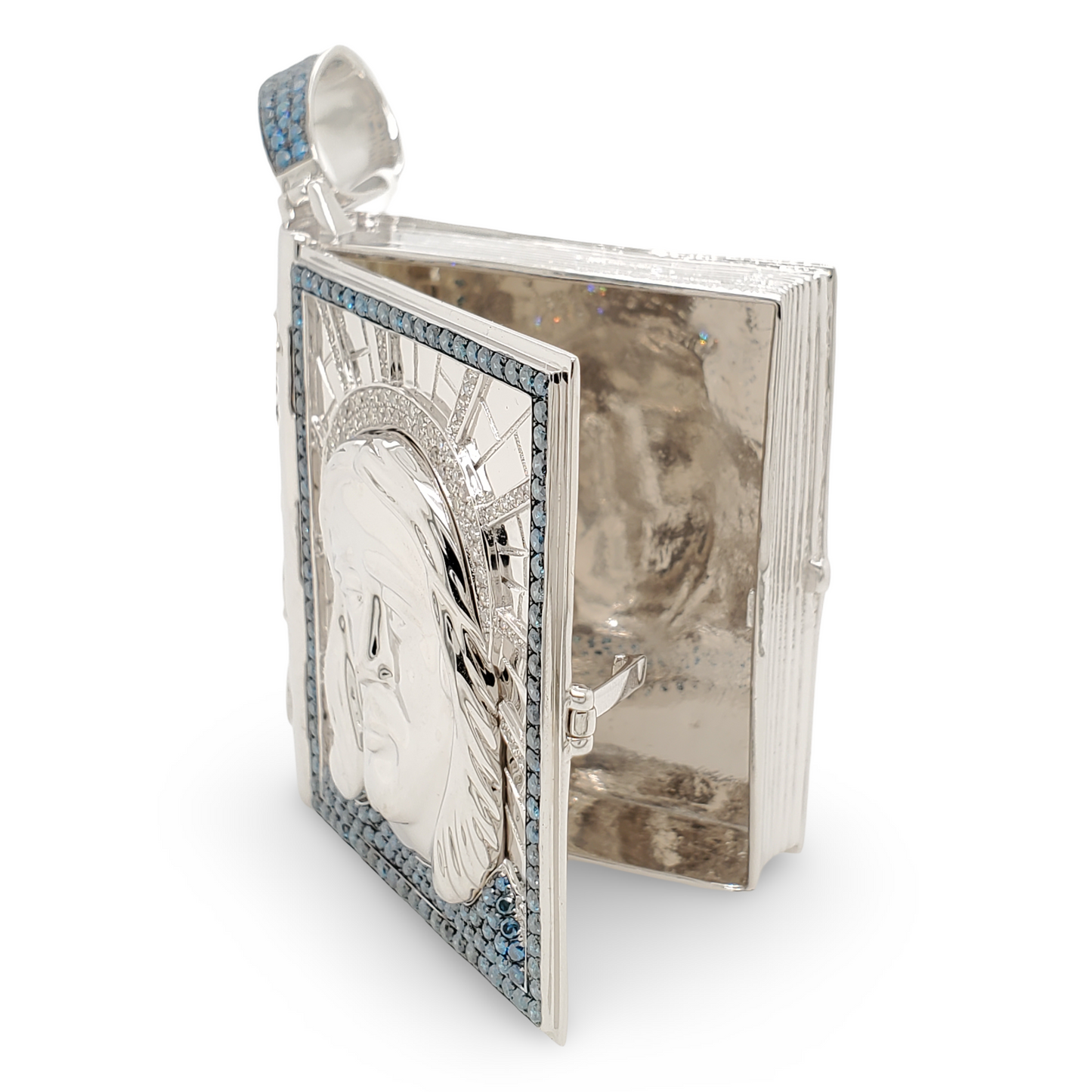 Jesus Face Holy Bible Locket Pendant – White Gold with 3 4/5CTW Natural White & Blue Diamonds |Hip-Hop Jewelry |Religious Gift fo all