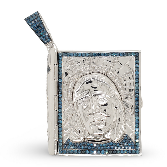 Jesus Face Holy Bible Locket Pendant – White Gold with 3 4/5CTW Natural White & Blue Diamonds |Hip-Hop Jewelry |Religious Gift fo all