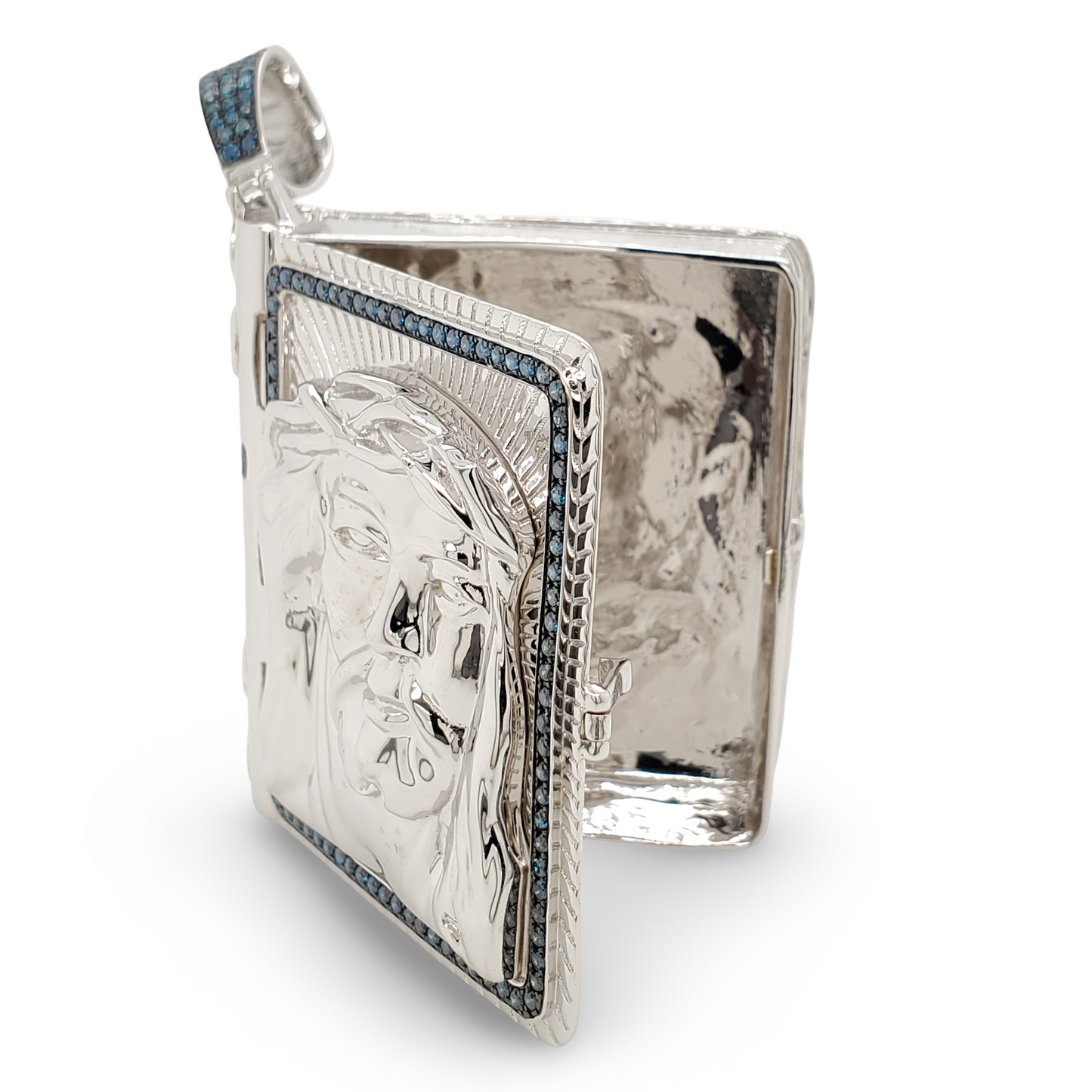 Jesus Face Pendant Holy Bible Book in White Gold with 2 CTW Natural White and Blue Diamonds| JESUS| HIPHOP| Diamond Jewelry|Gift for Parents