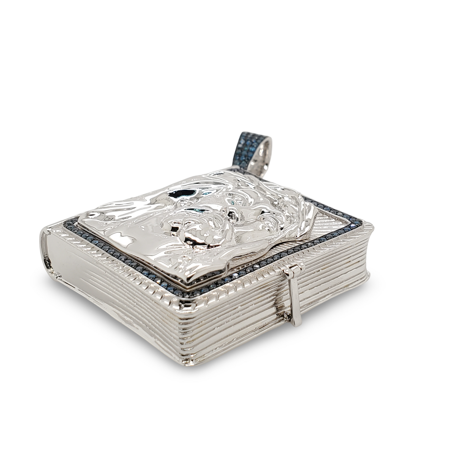 Jesus Face Pendant Holy Bible Book in White Gold with 2 CTW Natural White and Blue Diamonds| JESUS| HIPHOP| Diamond Jewelry|Gift for Parents