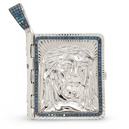 Jesus Face Pendant Holy Bible Book in White Gold with 2 CTW Natural White and Blue Diamonds| JESUS| HIPHOP| Diamond Jewelry|Gift for Parents