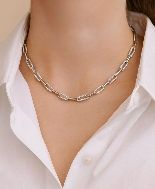 14K Gold Paperclip Necklace with Moissanite or Lab-Grown Diamond Chain Dainty Gold Plated Silver Jewelry Gift for Her