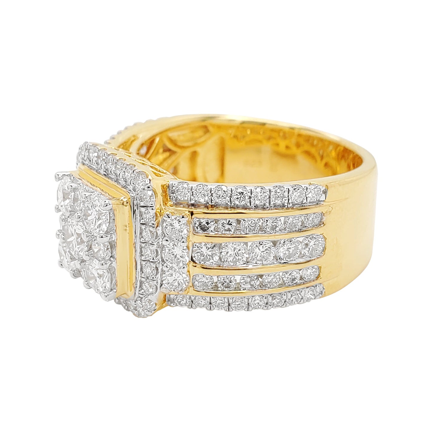 2 1/3CTW Cluster Princess Engagement Ring with Round Real Moissanite in 14K Gold Plated Silver