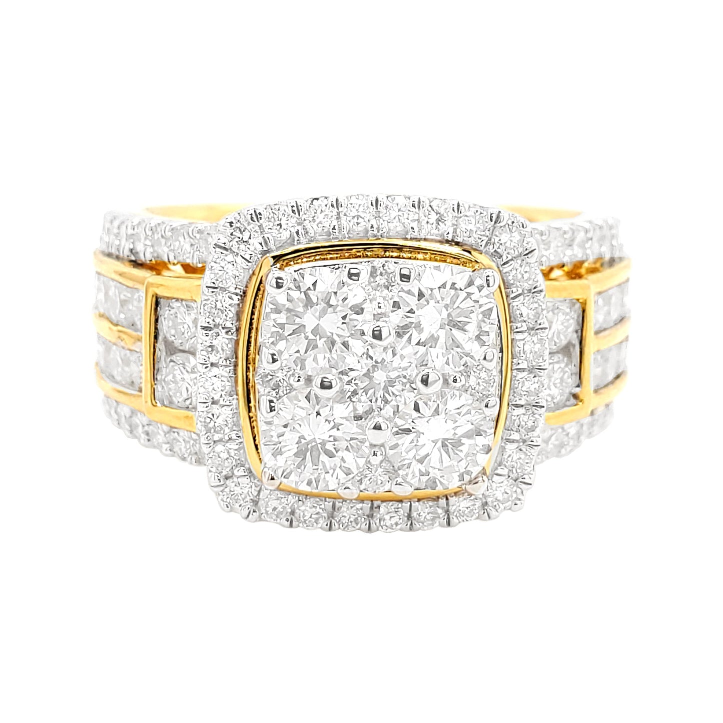2 1/5CTW Cushion Cluster Ring With Real Moissanite in 14K Gold Plated Silver