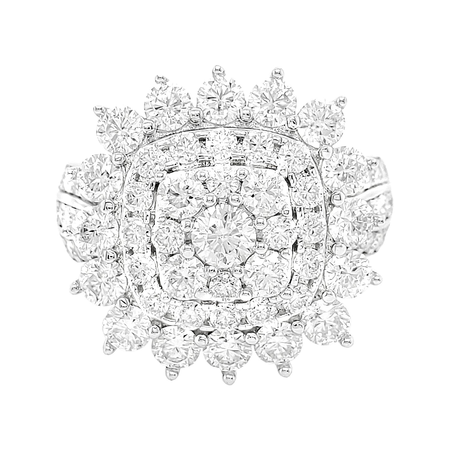 2 3/5CTW Cushion Cluster and Flower Halo Engagement Ring with Real Moissanite in 14K Gold Plated Silver
