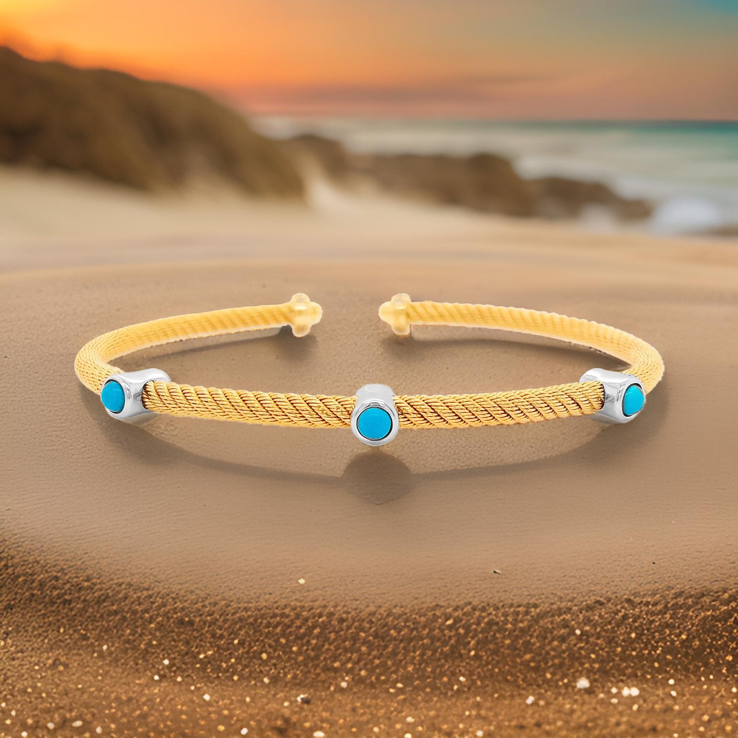 Elegant 2/5CTW Diamond and Turquoise Open Bangle in 14K Gold Plated Silver |Best Partywear |Ideal luxury Gift on special Occasion