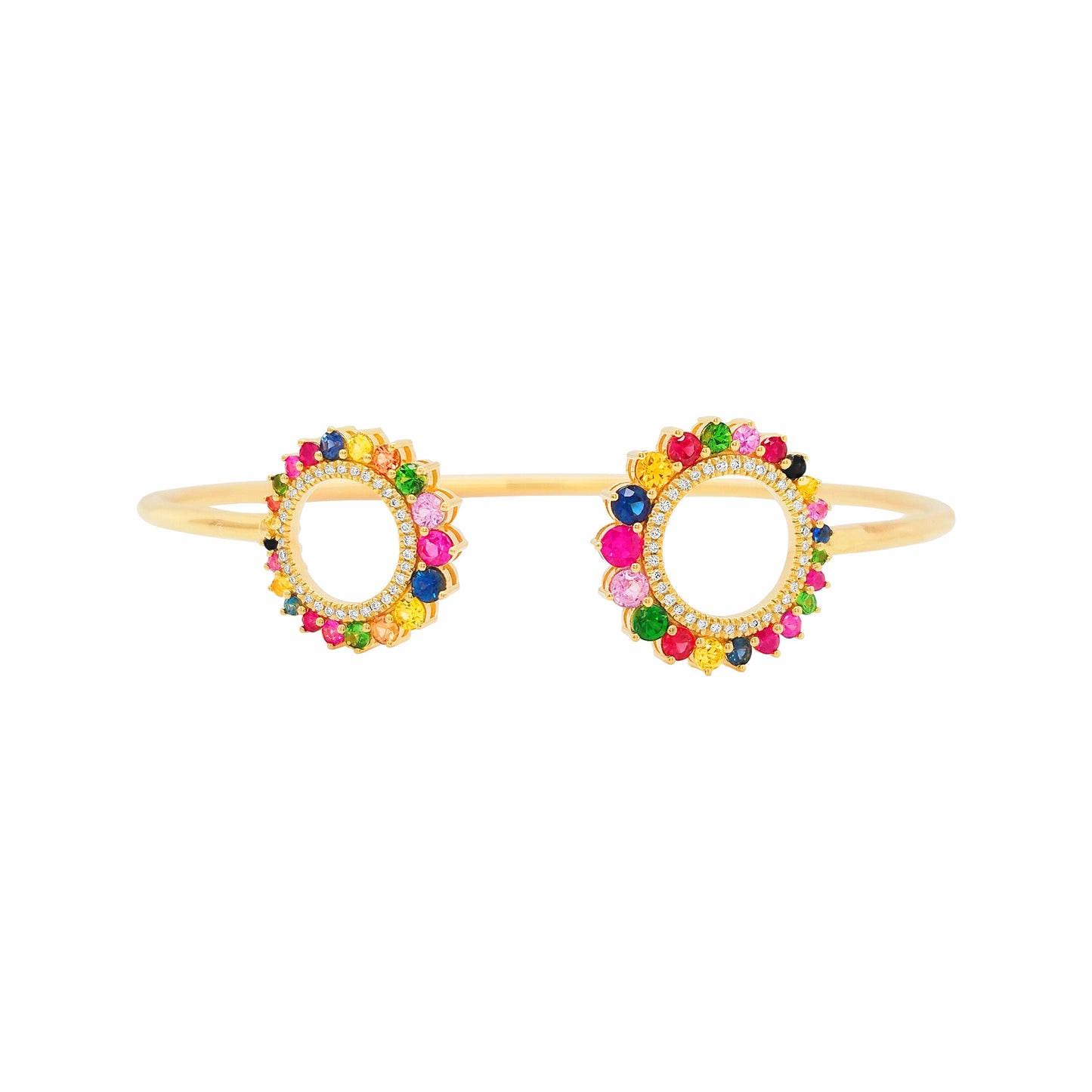 Unique 1 3/10CTW Multicolor Sapphire, Ruby, Lab-Grown Diamond & Tsavorite Open Bangle for Women |14K Gold Plated |Partywear and Perfect Gift