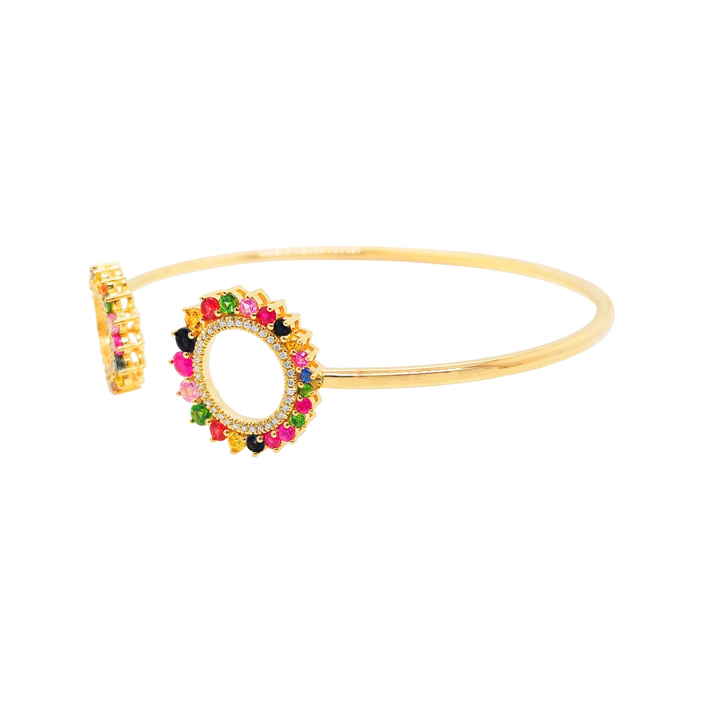 Unique 1 3/10CTW Multicolor Sapphire, Ruby, Lab-Grown Diamond & Tsavorite Open Bangle for Women |14K Gold Plated |Partywear and Perfect Gift