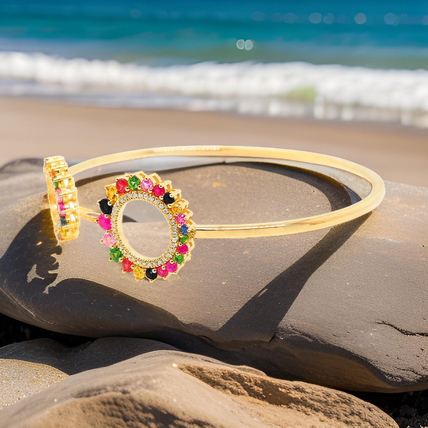 Unique 1 3/10CTW Multicolor Sapphire, Ruby, Lab-Grown Diamond & Tsavorite Open Bangle for Women |14K Gold Plated |Partywear and Perfect Gift