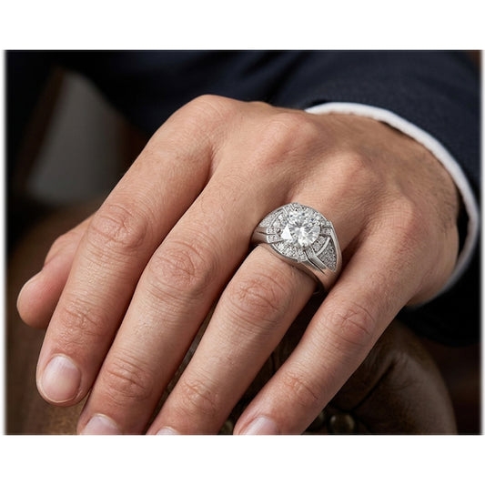 3CTW Round Cut Real Moissanite Men's Wedding Engagement Ring | 925 Sterling Silver | 14K White Gold Plated |Best Gift for men, Certified Jewelry