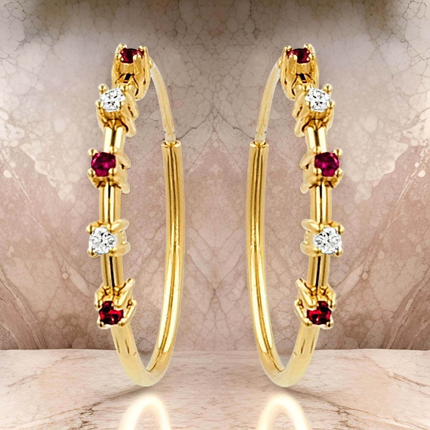 20MM Unisex Red Ruby Tube Hoop Earrings with Diamonds in 14K Gold Plated Silver | Best for Daily & Party Wear | Ideal Gift for Loved Ones