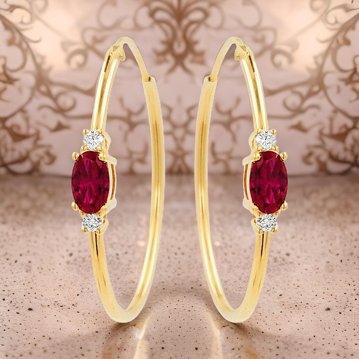 25MM Red Ruby Tube Hoop Earrings with Diamonds in 14K Gold Plated Silver |Elegant Jewelry for Daily & Party Wear |Best Gift for all Occasion