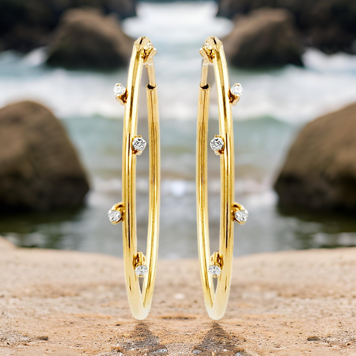 32MM Five Stone Tube Hoop with Diamonds in 14K Gold Plated Silver | Best For Daily/Party Wear | Ideal Gift for All Occasions