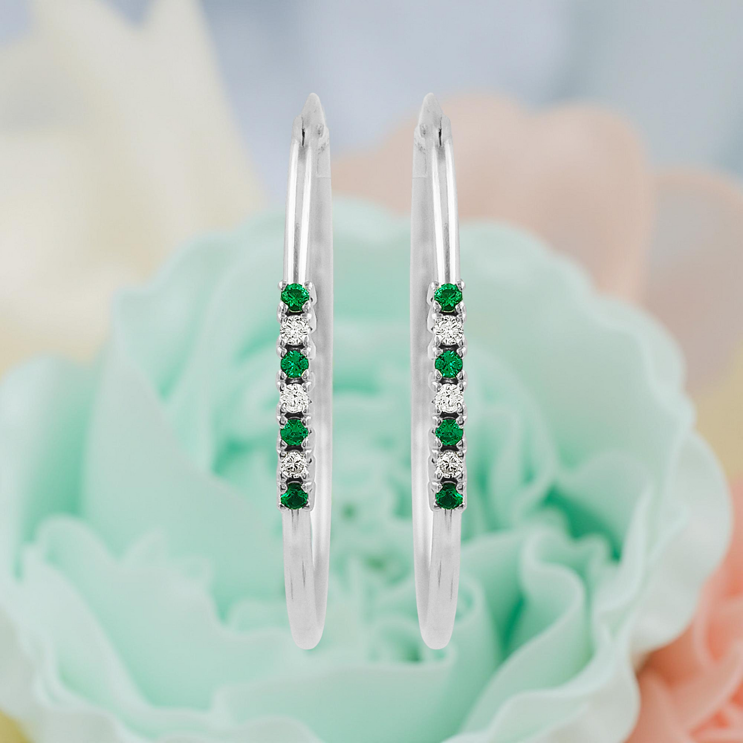 32MM Green Emerald Tube Hoop Earrings with Diamonds in 14K Gold Plated Silver | Best for Daily & Party Wear | Ideal Gift for Loved Ones