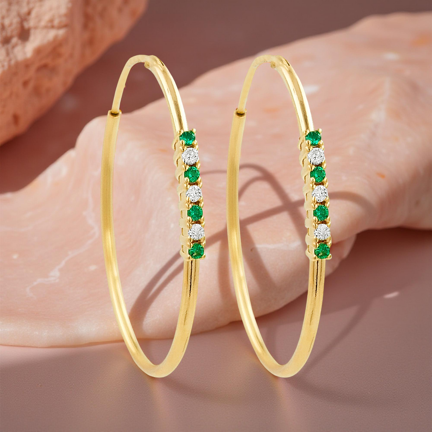 32MM Green Emerald Tube Hoop Earrings with Diamonds in 14K Gold Plated Silver | Best for Daily & Party Wear | Ideal Gift for Loved Ones