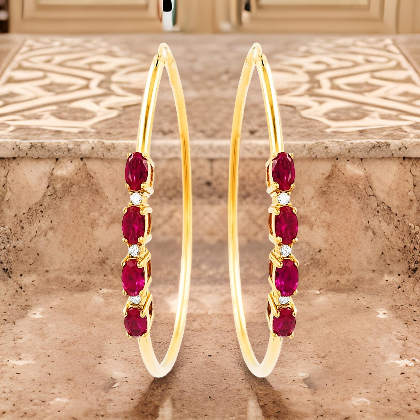 50MM Red Ruby Tube Hoop with Diamonds in 14K Yellow Gold Plated Silver | Perfect For Daily/Party Wear | Ideal Gift for All Occasions