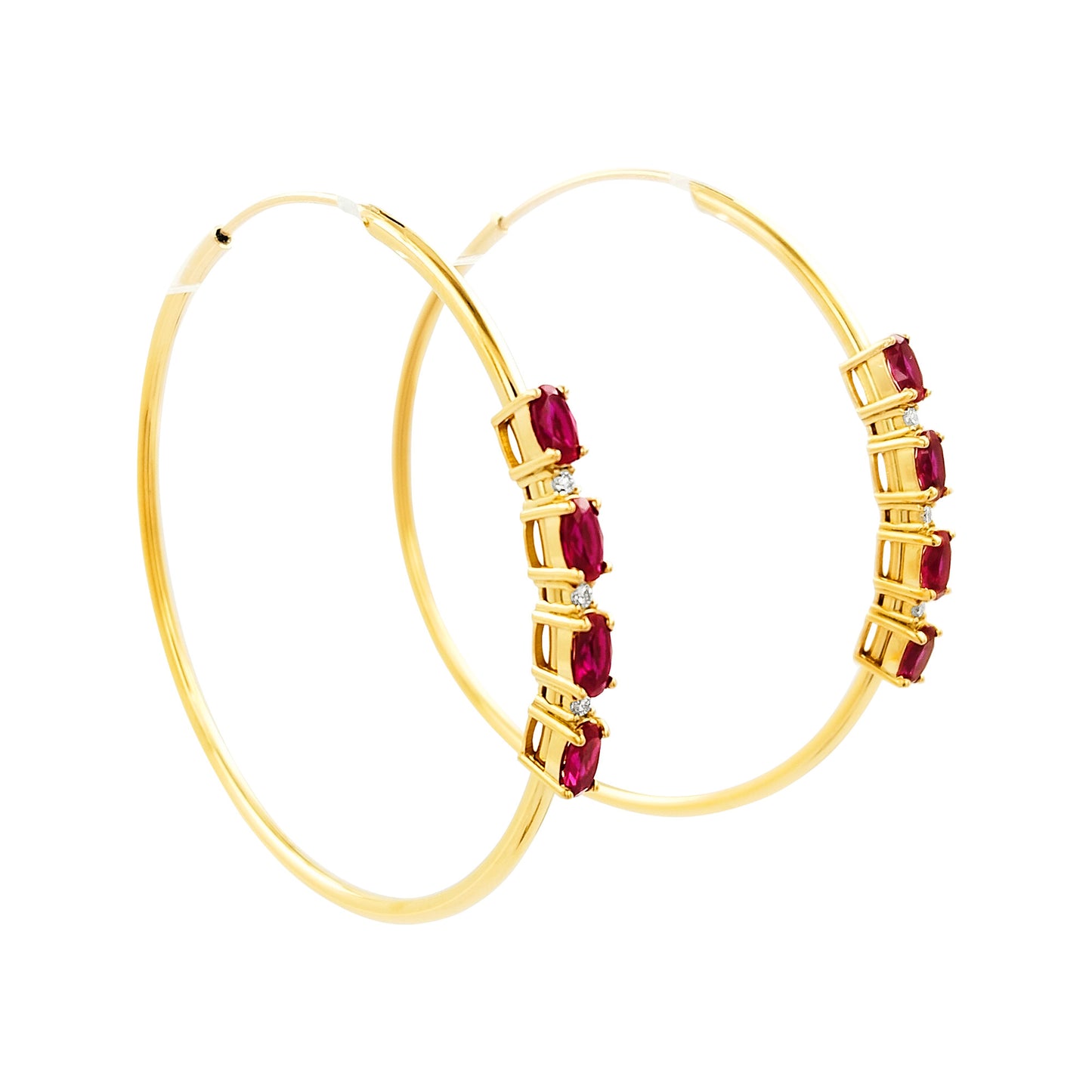 50MM Red Ruby Tube Hoop with Diamonds in 14K Yellow Gold Plated Silver | Perfect For Daily/Party Wear | Ideal Gift for All Occasions