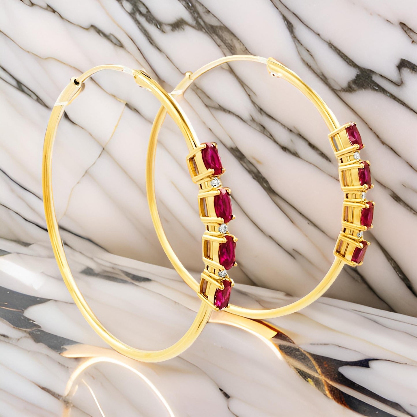 50MM Red Ruby Tube Hoop with Diamonds in 14K Yellow Gold Plated Silver | Perfect For Daily/Party Wear | Ideal Gift for All Occasions