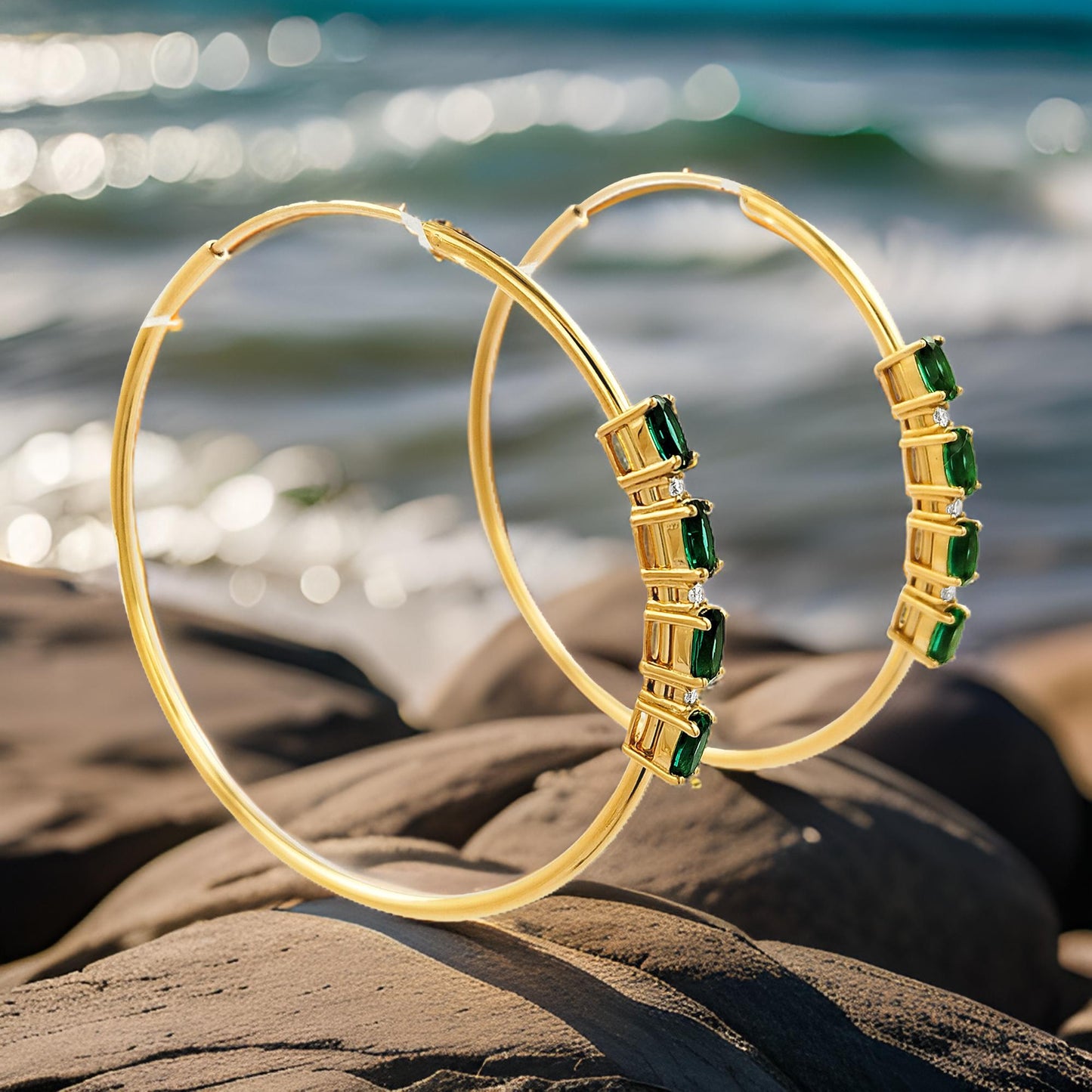 50MM Green Emerald Tube Hoop with Diamonds in 14K Yellow Gold Plated Silver | Perfect For Daily/Party Wear | Ideal Gift for All Occasions