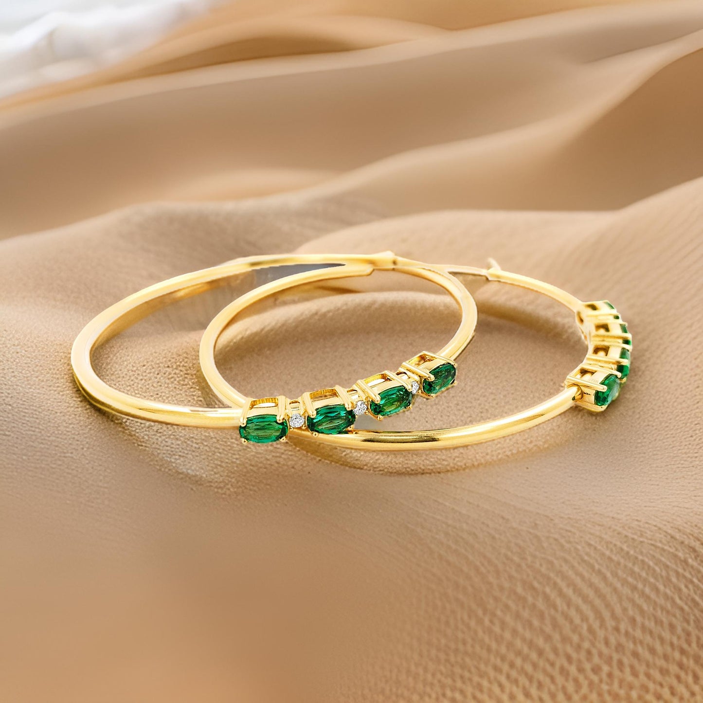 50MM Green Emerald Tube Hoop with Diamonds in 14K Yellow Gold Plated Silver | Perfect For Daily/Party Wear | Ideal Gift for All Occasions
