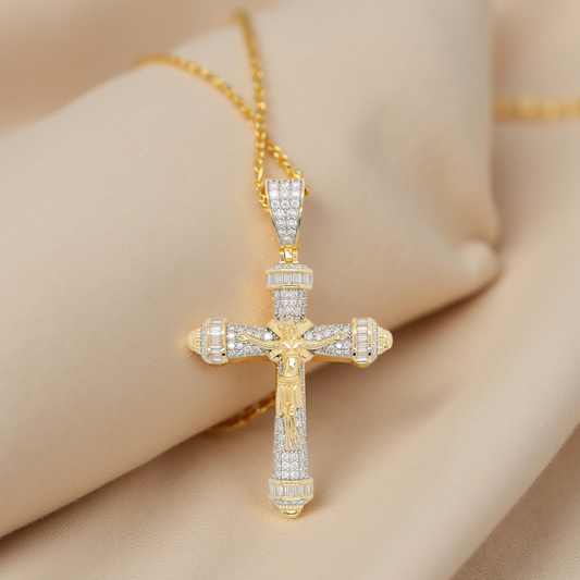 2 1/2 Inch Holy Cross Pendant in Moissanite with 14K Yellow Gold Plated Silver |Religious Gift | Xmas Gift| Gift for Parents |Ideal gift
