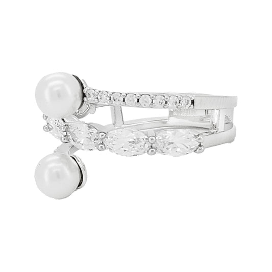Toi et Moi Ring 14k Gold Plated Silver Oval & Round Lab Grown Diamond 2.8CTW Dual Pearl 1.6CTW Bypass Open Ring Unique Wedding Jewelry Gift
