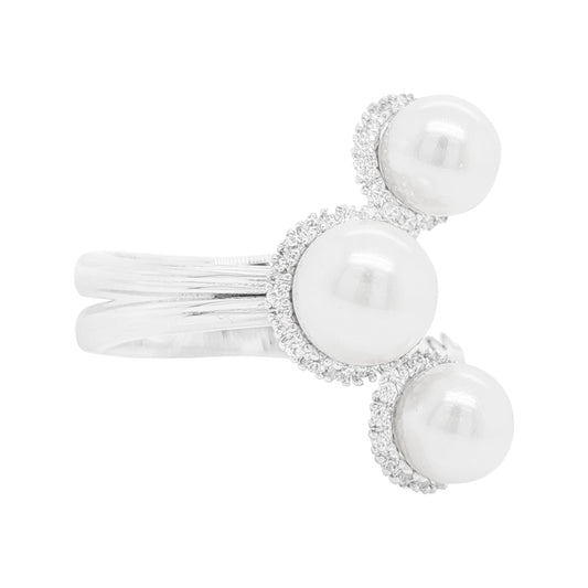 14K Gold Plated Silver Ring, 5CT Triple White Floating Pearl, Round Lab Grown Diamond Halo, Modern Bypass Wrap Toi Et Moi Statement Jewelry