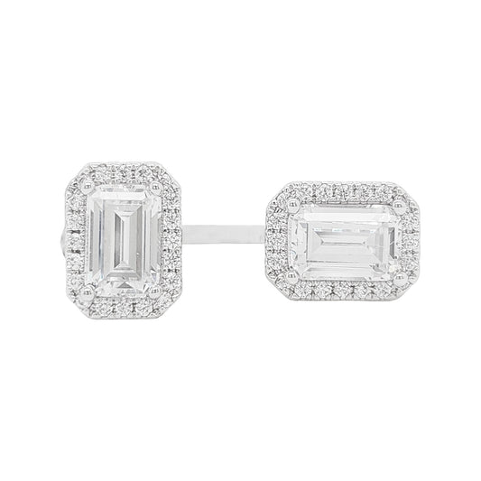14K Gold Plated Silver Lab Grown Diamond Ring, Emerald Cut Toi Et Moi Open Gap Band, Two Stone Halo Duo, Unique Modern Engagement Jewelry
