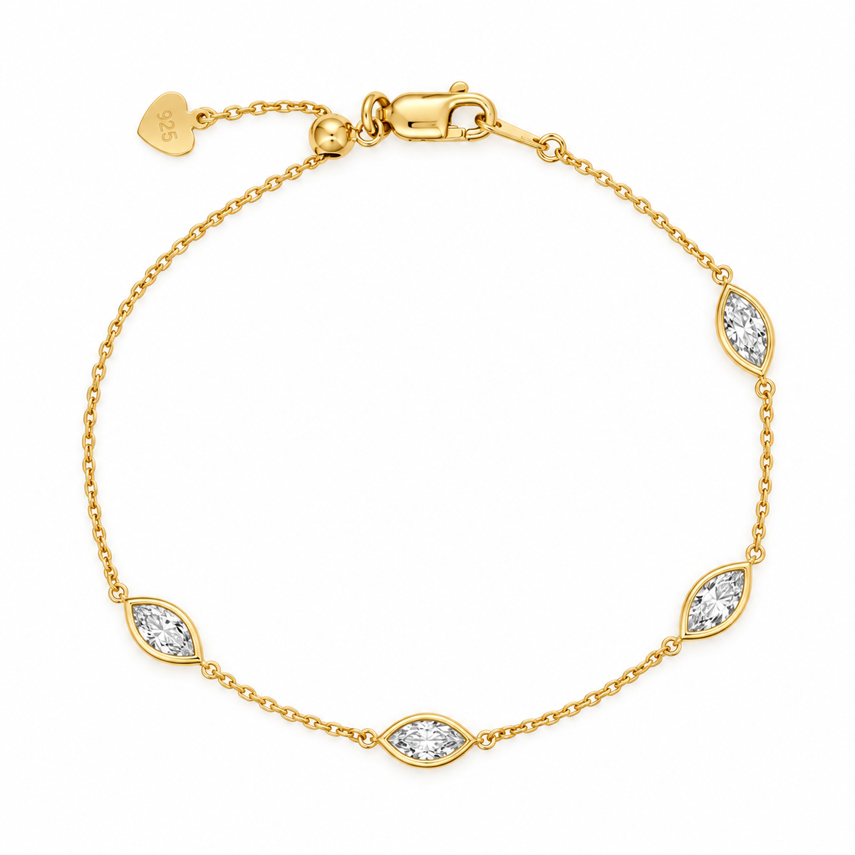 Marquise Diamond Station Bracelet, 14K Gold Plated 925 Sterling Silver, Bezel Set