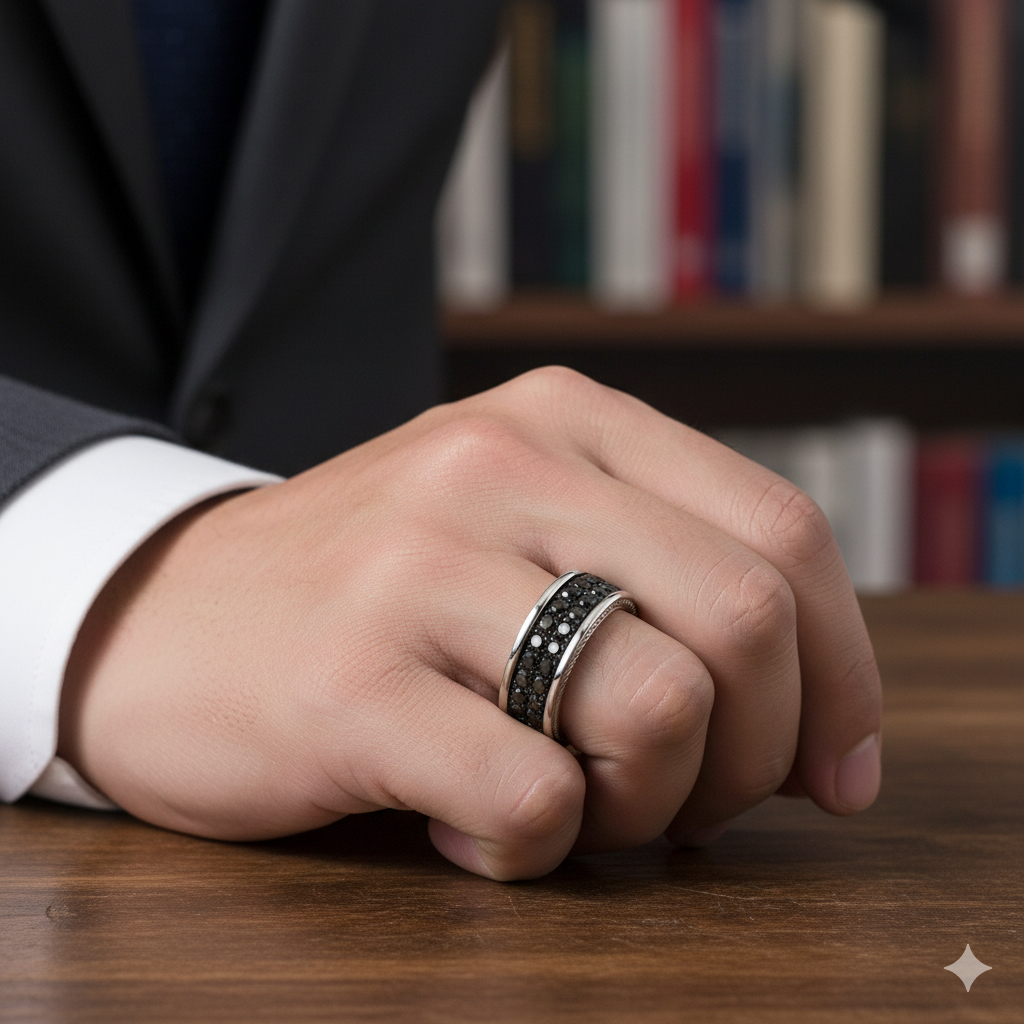 Men's 14K Gold Plated Silver Geometric Band | 8mm Width CNC Cut design | Natural Black Diamond Wedding Band for Him
