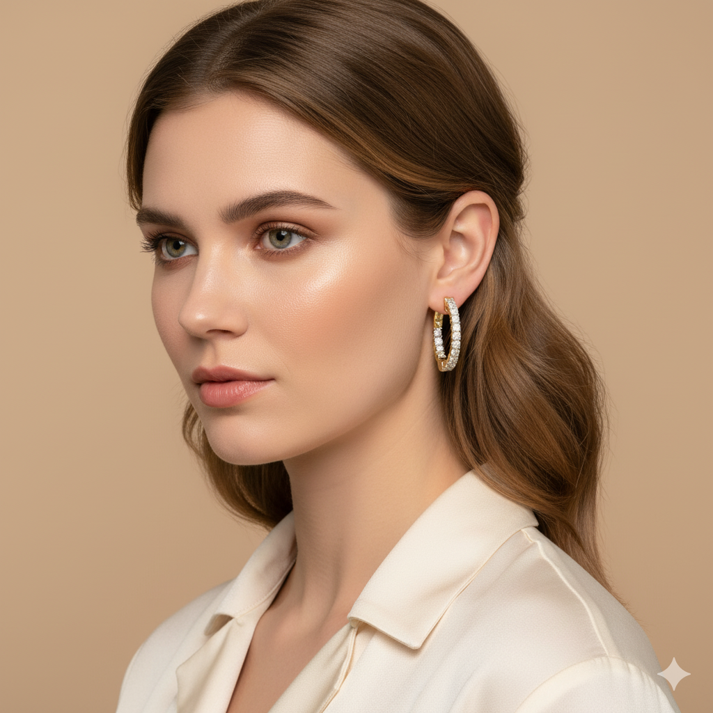 Eternity Moissanite Diamond Hoop Earrings - 14K Gold Plated Silver Dazzling Brilliant Cut | Prong Set Statement Hoops | Size- 19.5MM & 27 MM
