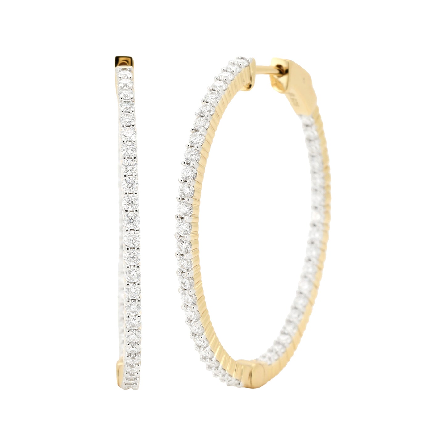 14K Gold Plated Silver Moissanite Diamond Hoop Earrings | Available in 38mm | 2 1/2CTW & 51mm |3 1/2CTW | Classic Prong Set Brilliant Cut Hoops