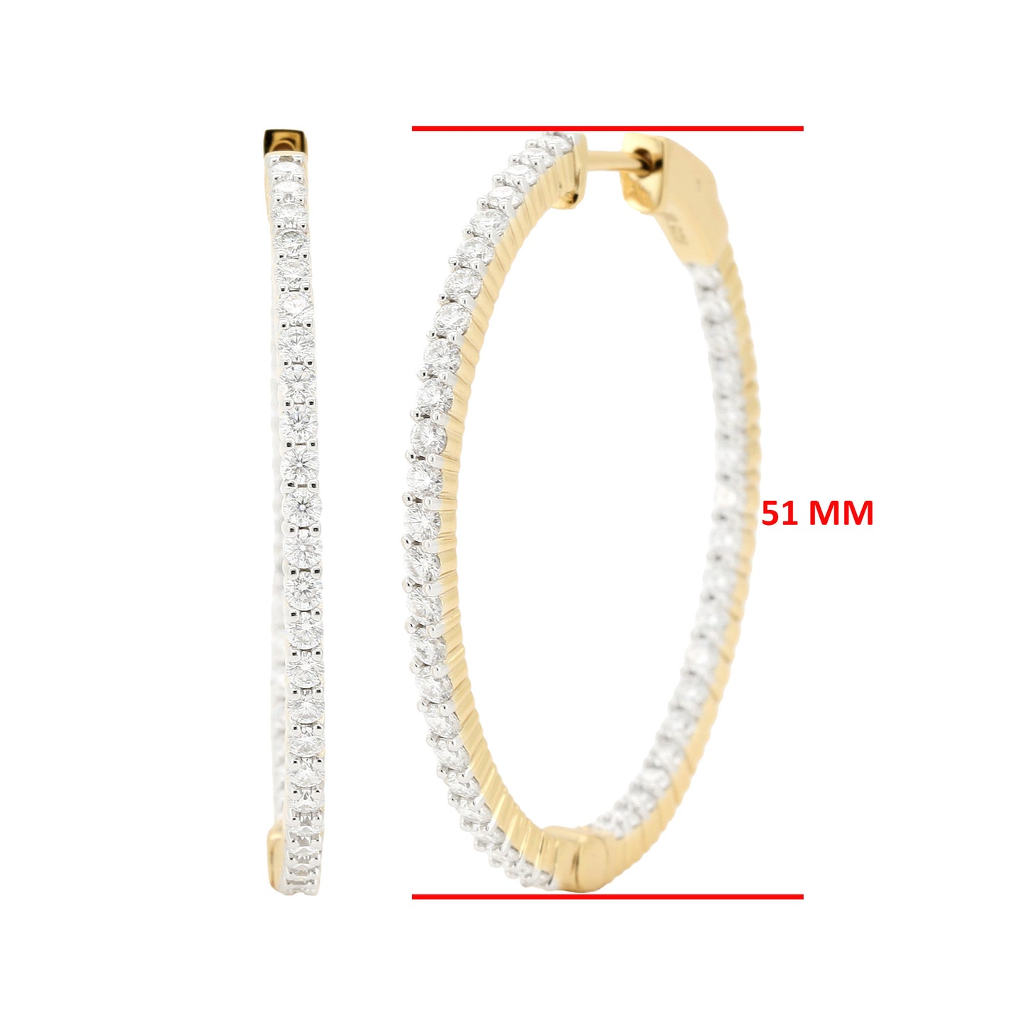 14K Gold Plated Silver Moissanite Diamond Hoop Earrings | Available in 38mm | 2 1/2CTW & 51mm |3 1/2CTW | Classic Prong Set Brilliant Cut Hoops