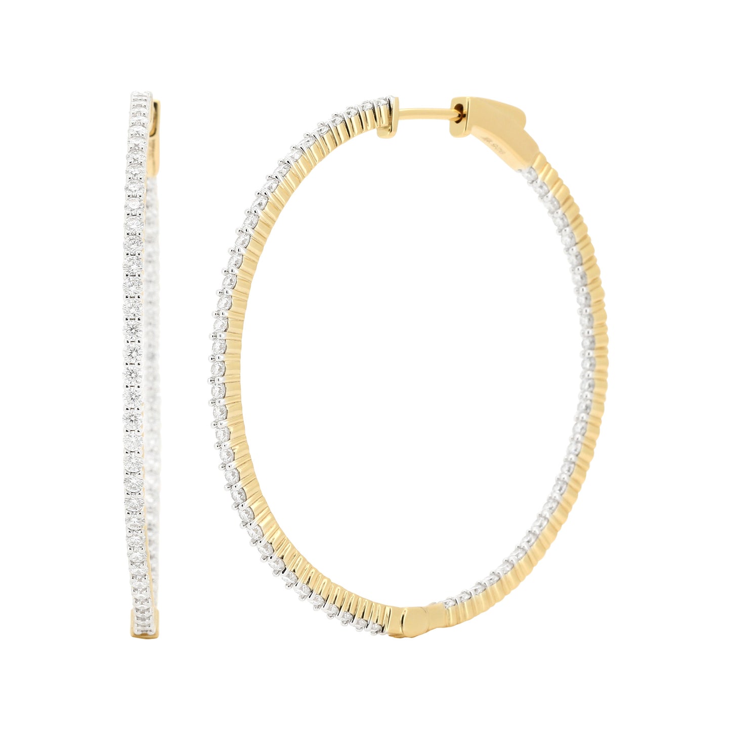 14K Gold Plated Silver Moissanite Diamond Hoop Earrings | Available in 38mm | 2 1/2CTW & 51mm |3 1/2CTW | Classic Prong Set Brilliant Cut Hoops
