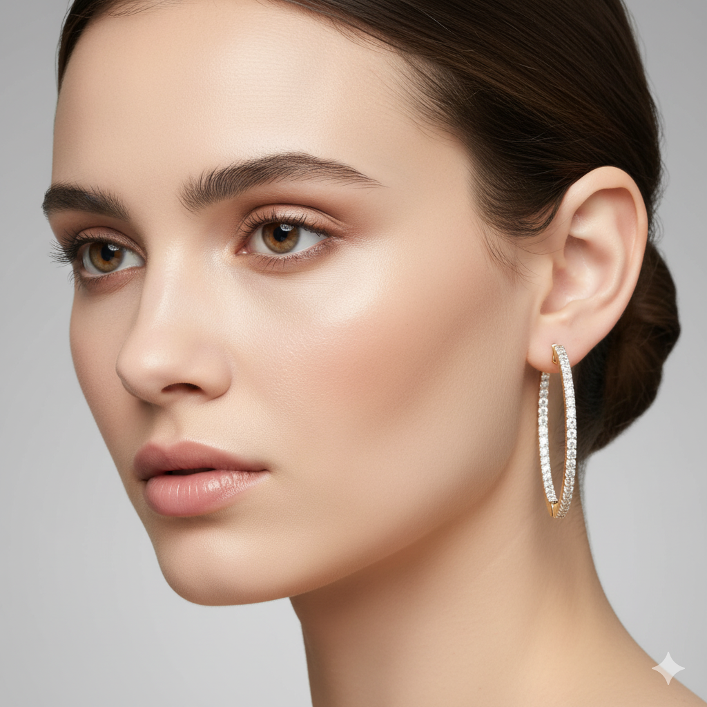 14K Gold Plated Silver Moissanite Diamond Hoop Earrings | Available in 38mm | 2 1/2CTW & 51mm |3 1/2CTW | Classic Prong Set Brilliant Cut Hoops