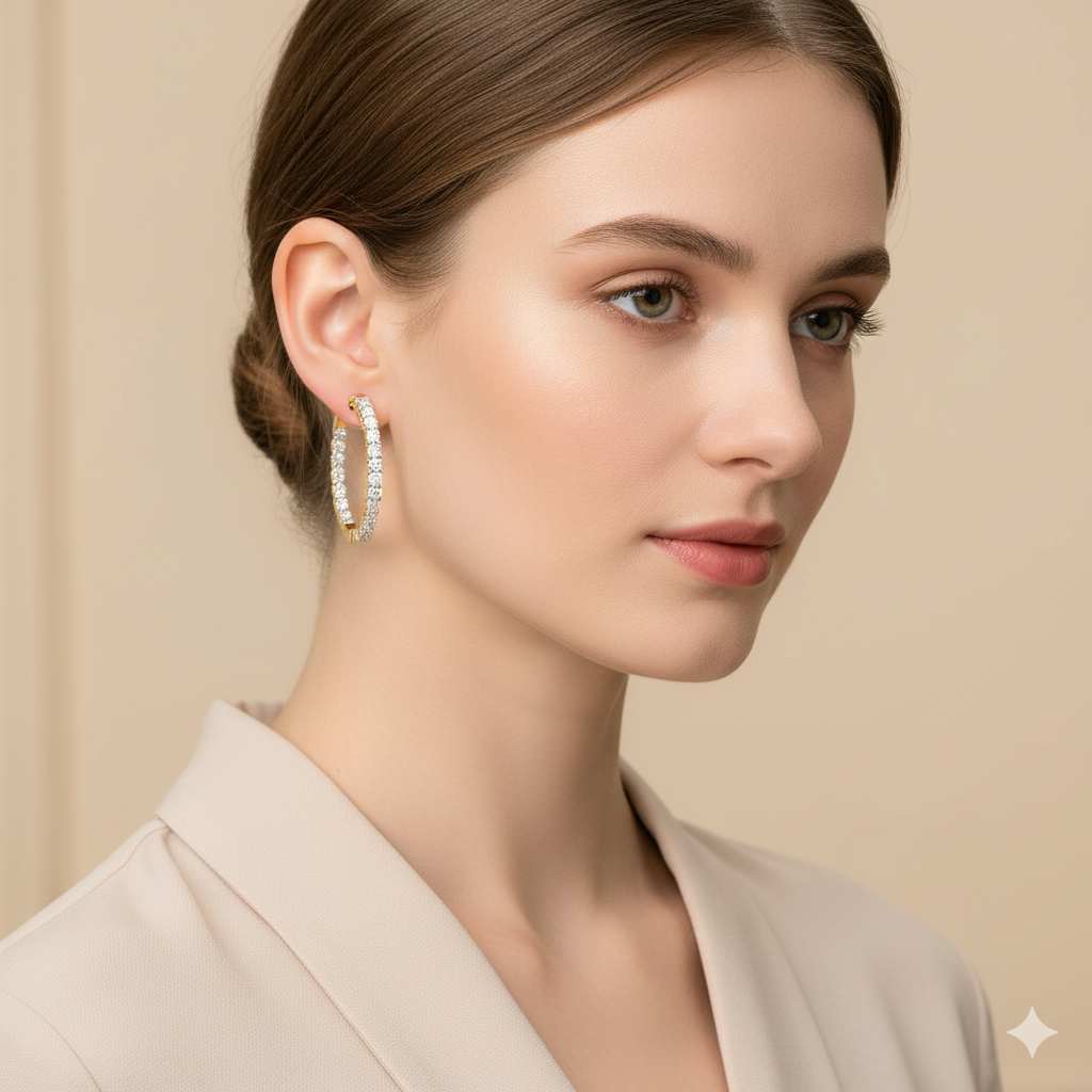 Dazzling Oval Shape | Moissanite Hoop Earrings | 14K Gold Plated Silver | Prong Set Diamond Alternative Hoops | Available in 27 MM & 31 MM