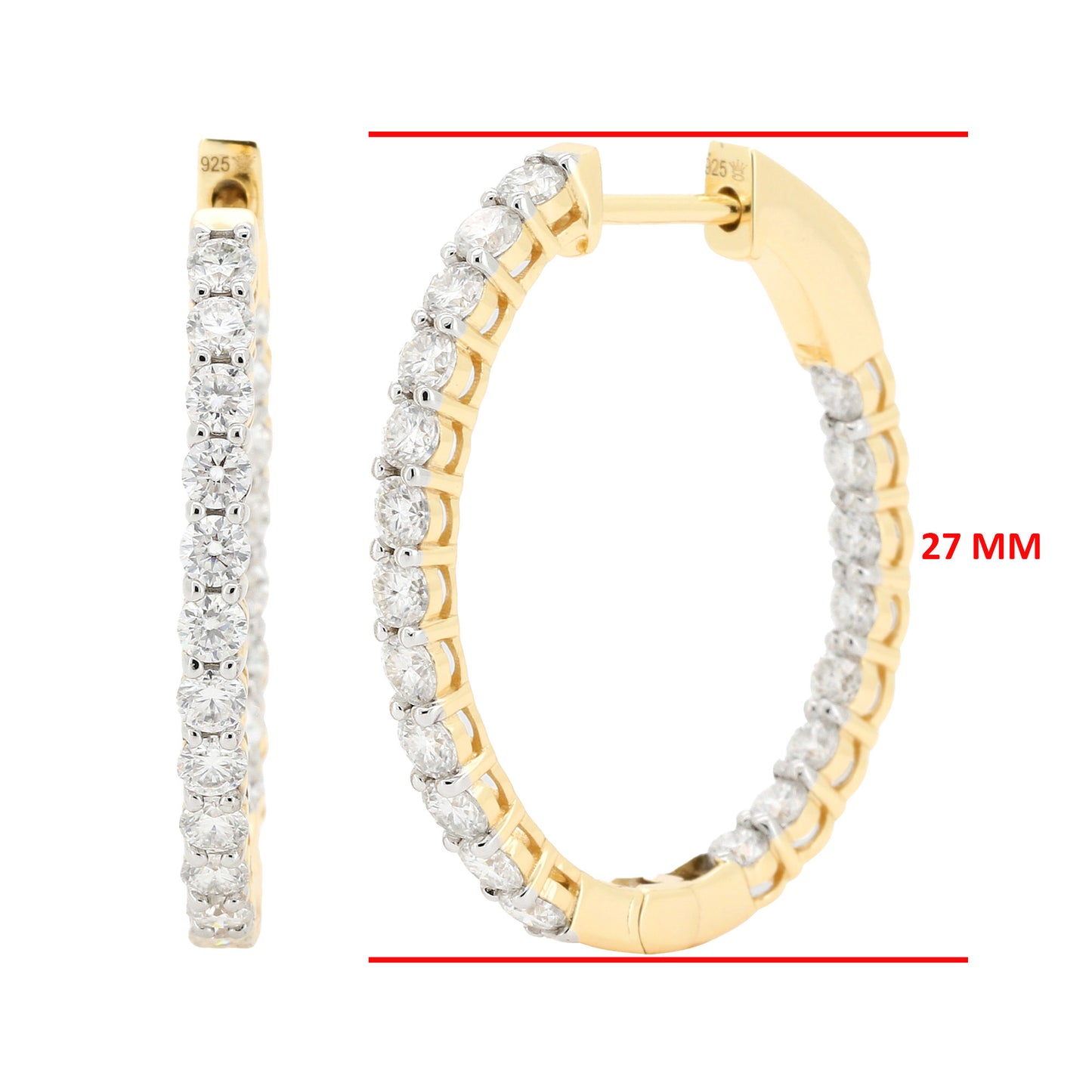 Dazzling Oval Shape | Moissanite Hoop Earrings | 14K Gold Plated Silver | Prong Set Diamond Alternative Hoops | Available in 27 MM & 31 MM