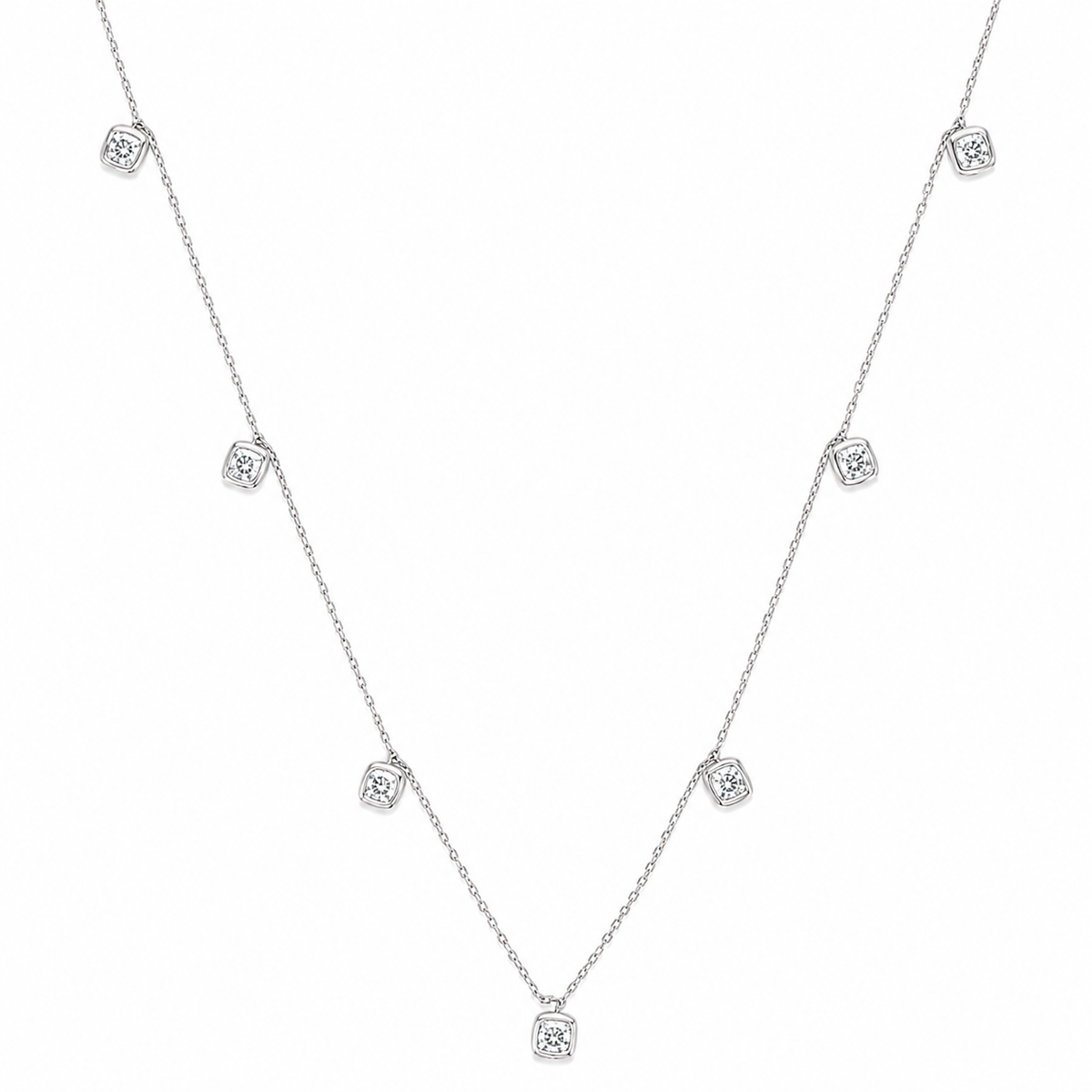 Cushion Cut Lab Grown Diamond Charm Necklace, 14K Gold Plated Silver, 7 Bezel Set Dangles, 18 Inch Adjustable, Dainty Anniversary Gift