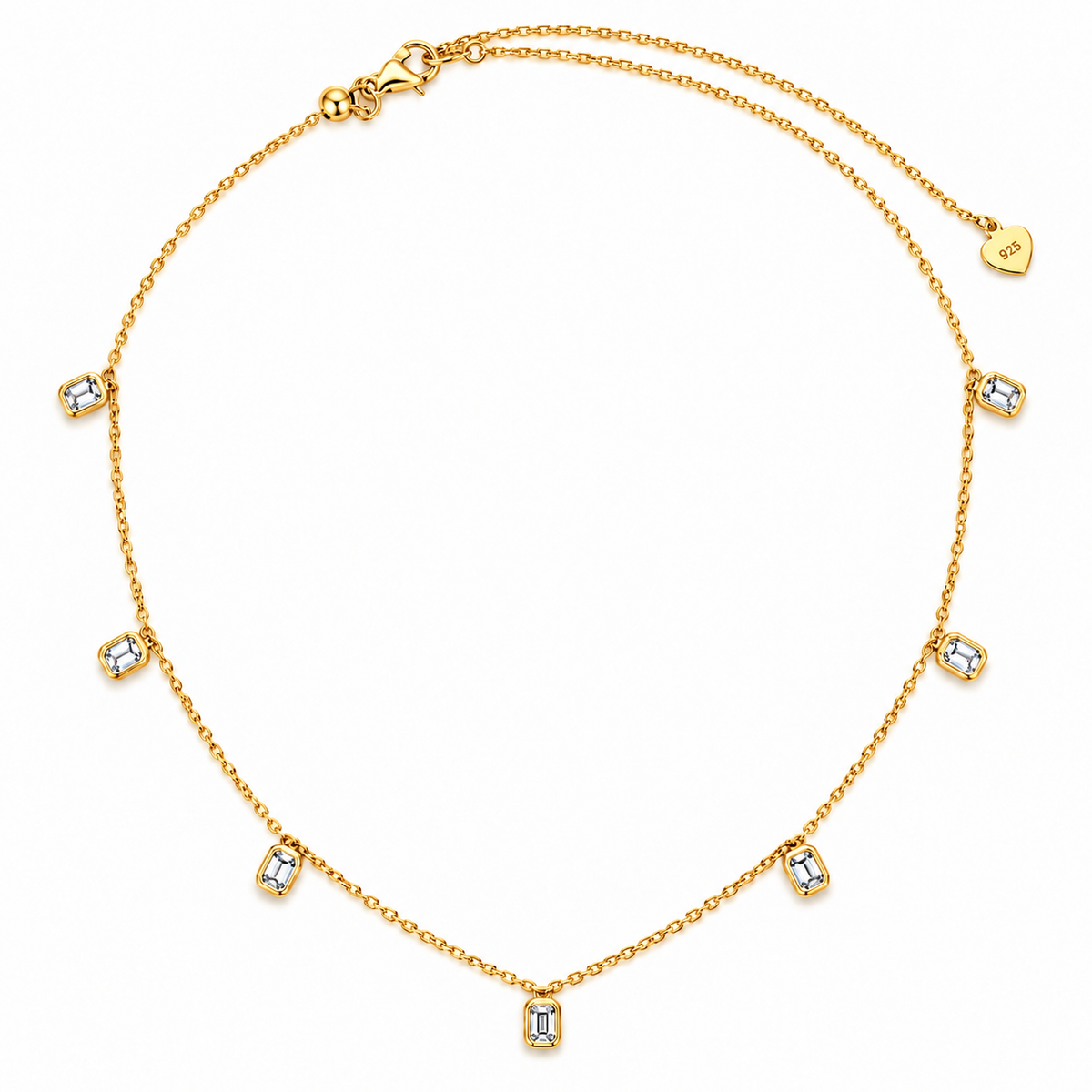 Emerald Cut Lab Grown Diamond Charm Necklace, 14K Gold Plated Silver, 7 Bezel Set Dangles, Delicate Station Jewelry Gift for Her