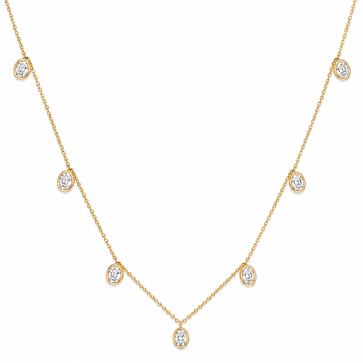 Seven Stone Dangling Diamond Charm Necklace, 14K Gold Plated, Oval Cut Lab Grown Diamonds