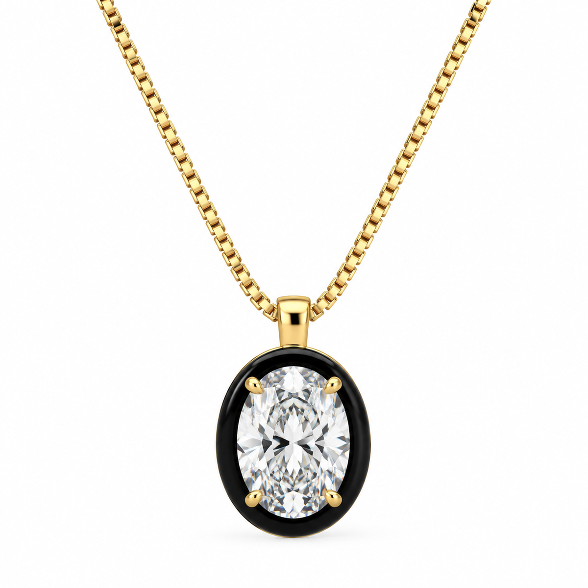 10K Yellow Gold Oval Lab Grown Diamond Pendant Necklace, Prong Set, Black Plated Edges