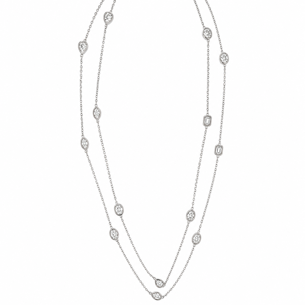 Layered Dainty Necklace, 18-Inch Adjustable, 2 CTW Multi-Shape Bezel Set Diamonds