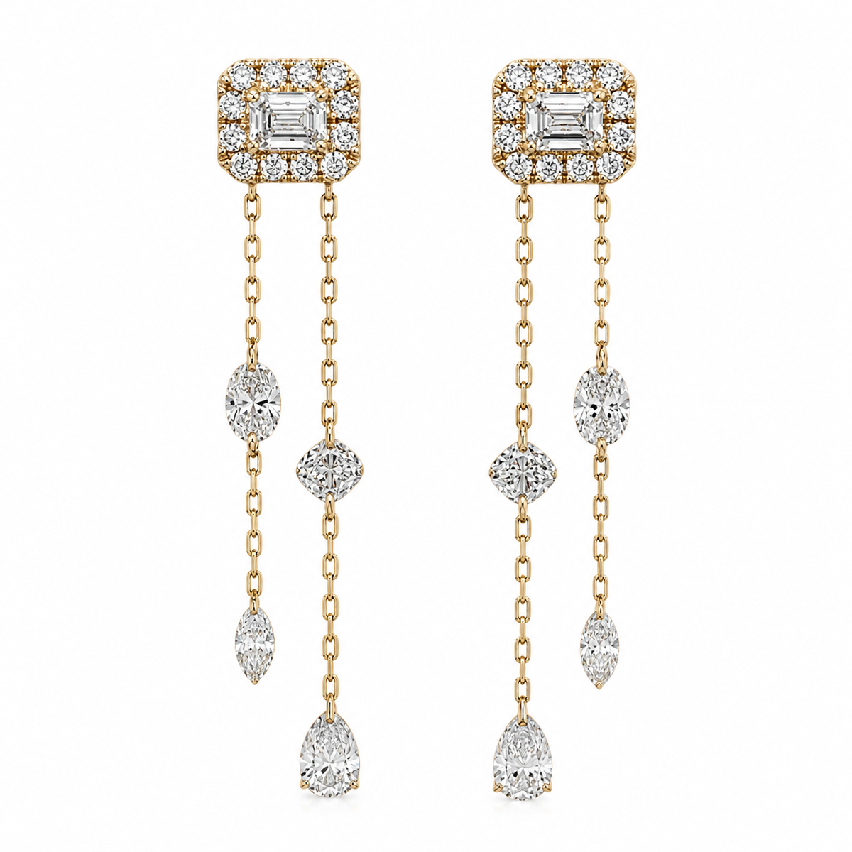 14K Yellow Gold Dangle Earrings, 2 1/2 CTW Lab Grown Diamond, Double Chain Cascading