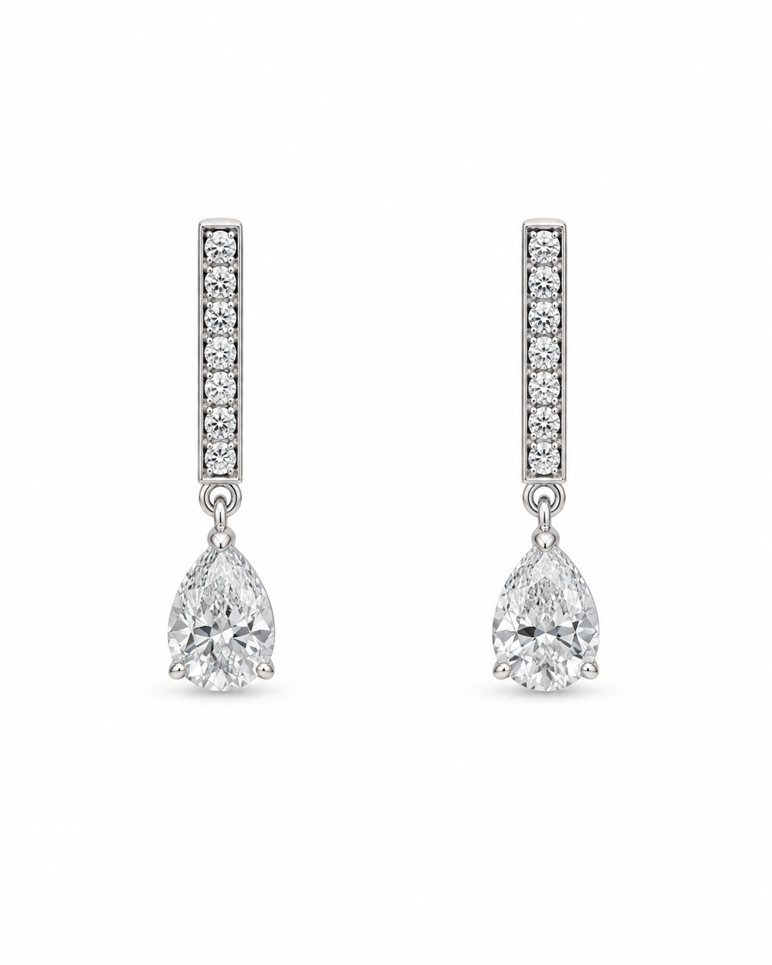 10K White Gold Lab Grown Diamond Dangle Earrings, Pear Cut and Round Bar