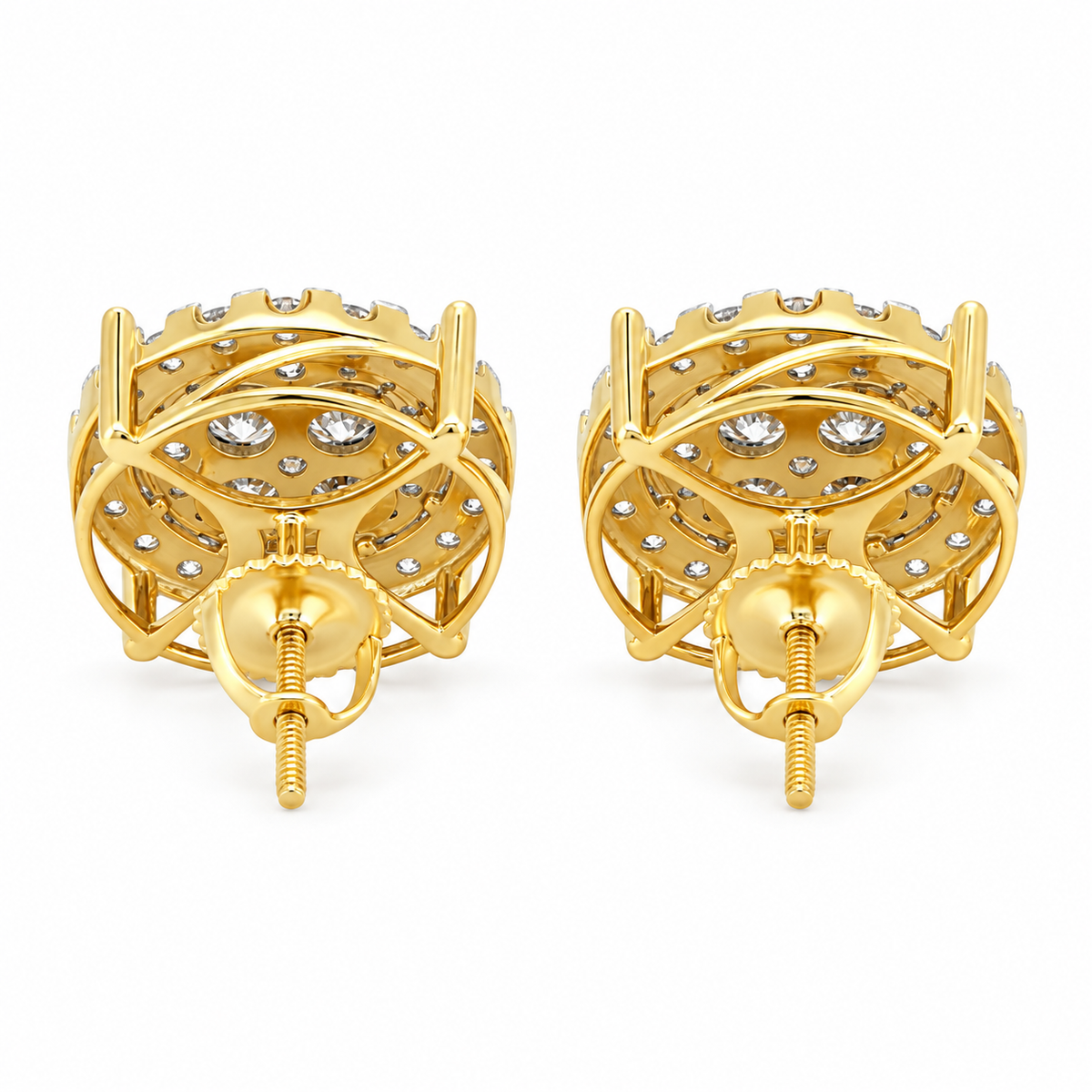 Floral Cluster Stud Earrings: Round Moissanite, 14K Yellow Gold Plated Silver, GIS Certified