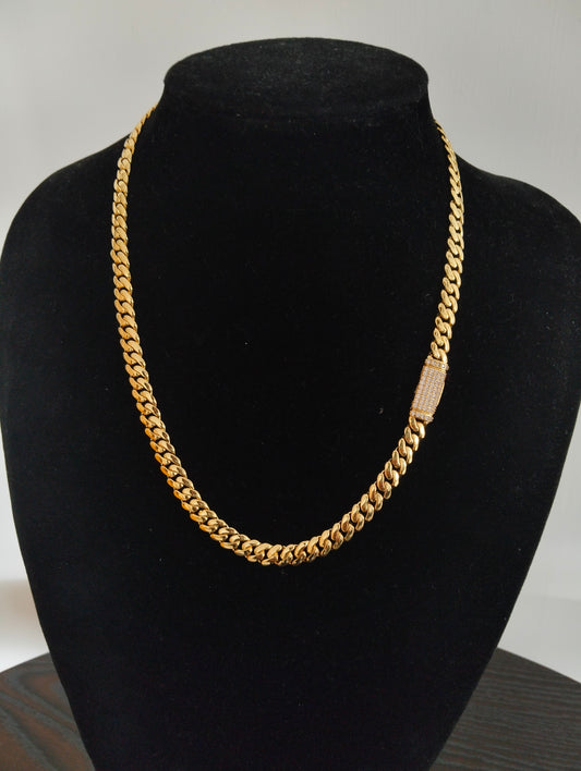 7mm Monaco Cuban Link Necklace in 14K with CZ Unisex Hip Hop Chain Luxe Partywear Jewelry Gift Available in 18", 20", 22", 24" Lengths