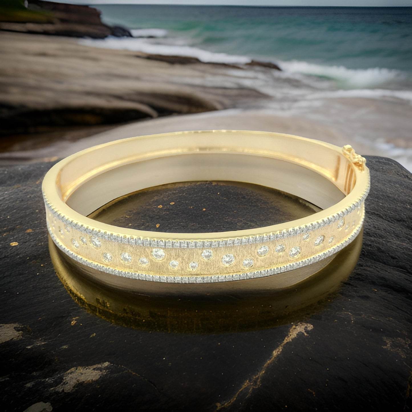 Elegant 1 3/5CTW Bangle Bracelet in 14K Gold-Plated Silver | Designer Partywear Bracelet | Moissanite & Lab Grown Diamond | Gift for Women