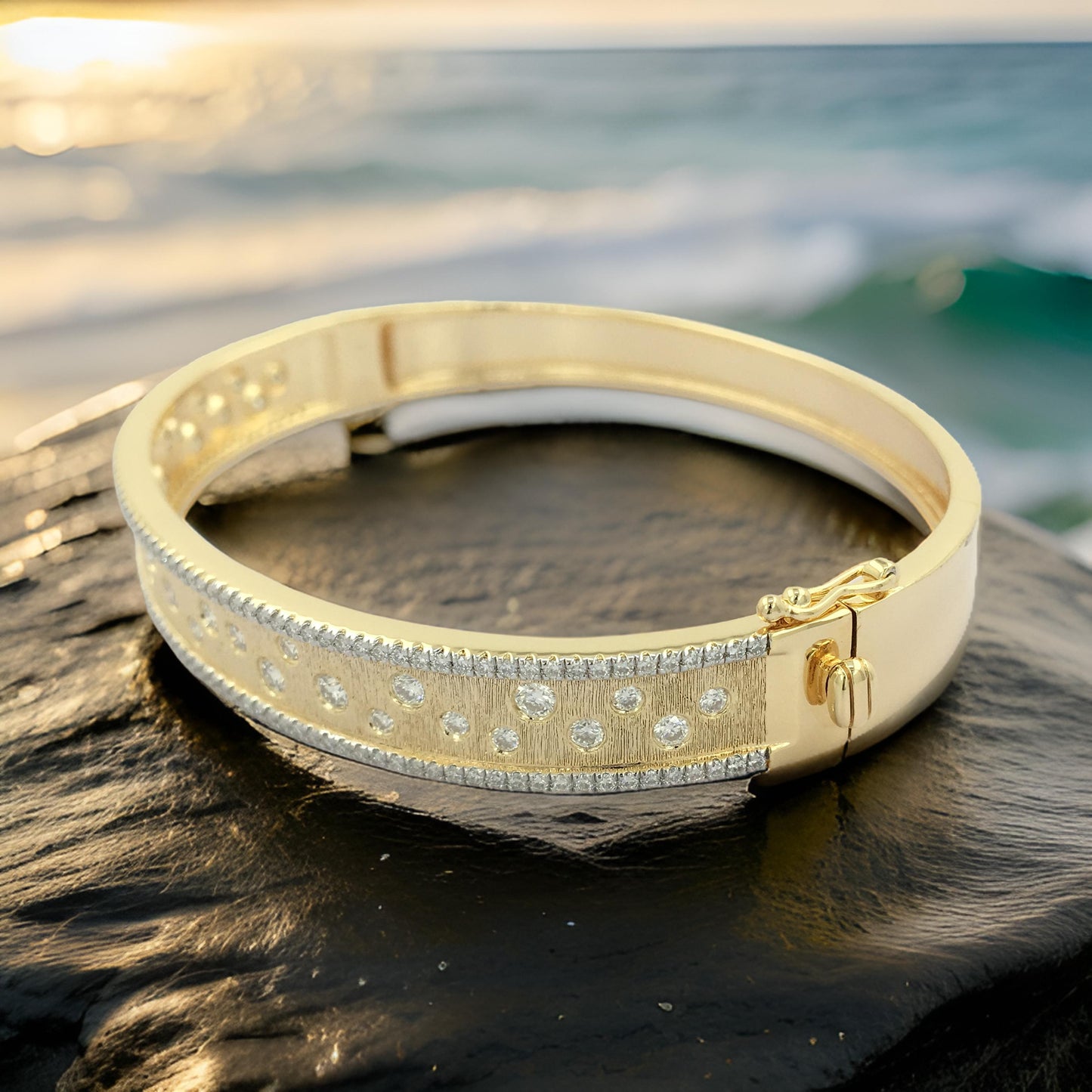 Elegant 1 3/5CTW Bangle Bracelet in 14K Gold-Plated Silver | Designer Partywear Bracelet | Moissanite & Lab Grown Diamond | Gift for Women