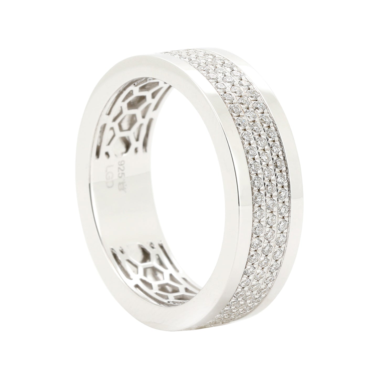 Men's Half Eternity Band, 14K White Gold Plated Sterling Silver, Lab Diamond Pave Setting Ring, CNC Finish, Wedding Gift for Him
