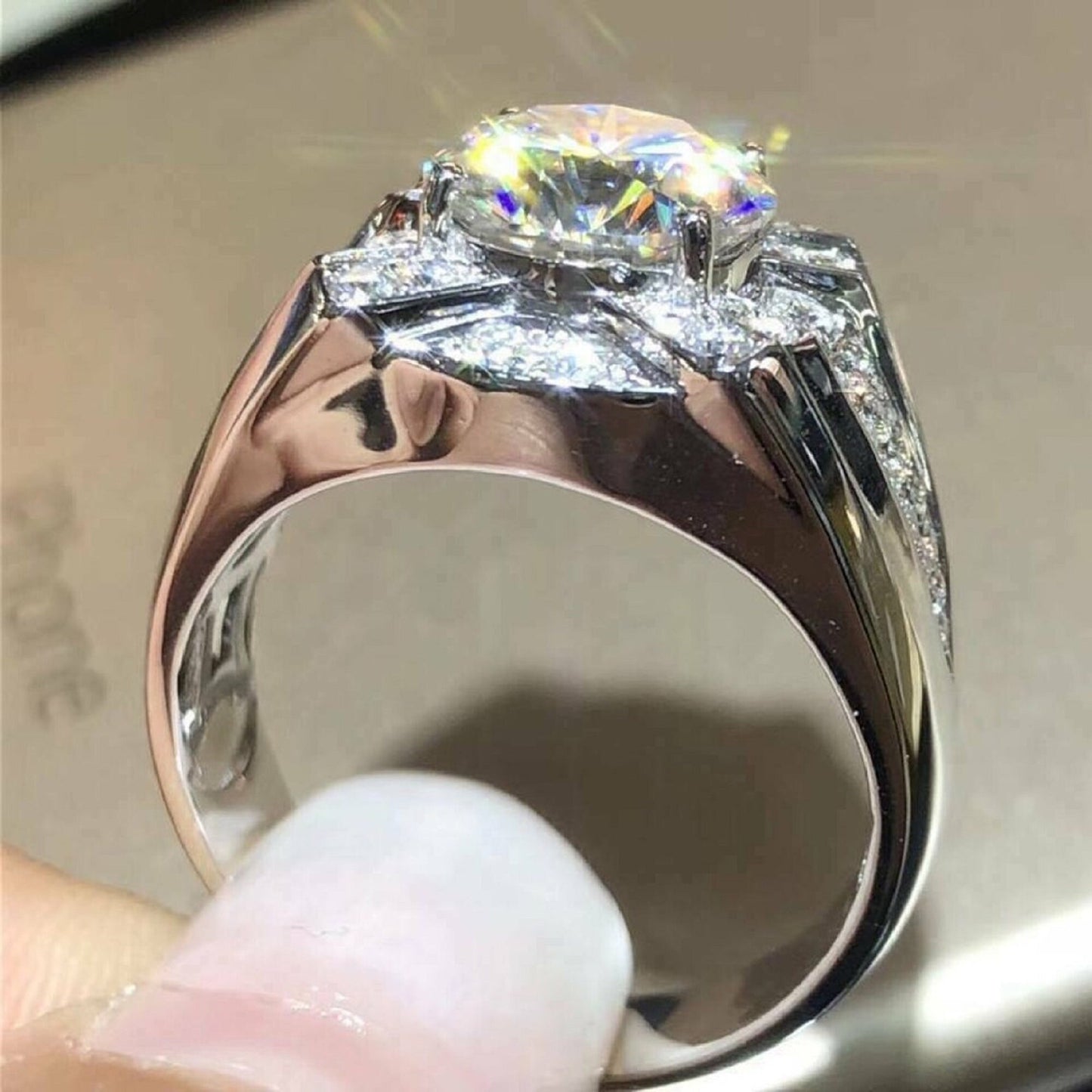 3CTW Round Cut Real Moissanite Men's Wedding Engagement Ring | 925 Sterling Silver | 14K White Gold Plated |Best Gift for men